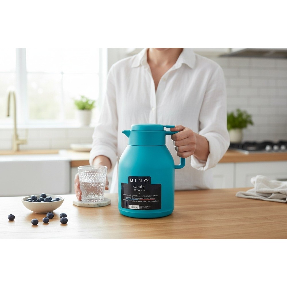 BINO Thermal Carafe Pitcher Unisex 1.0L Teal NWOT Vacuum Insulated Glass Liner